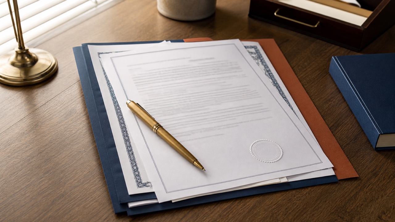 Stack of Texas license and bond paperwork on a desk with a pen.