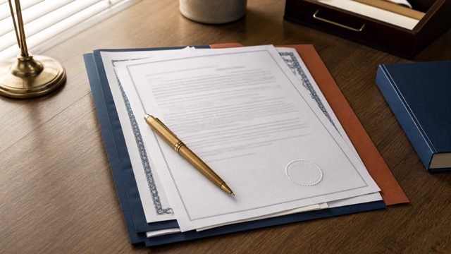 Stack of Texas license and bond paperwork on a desk with a pen.
