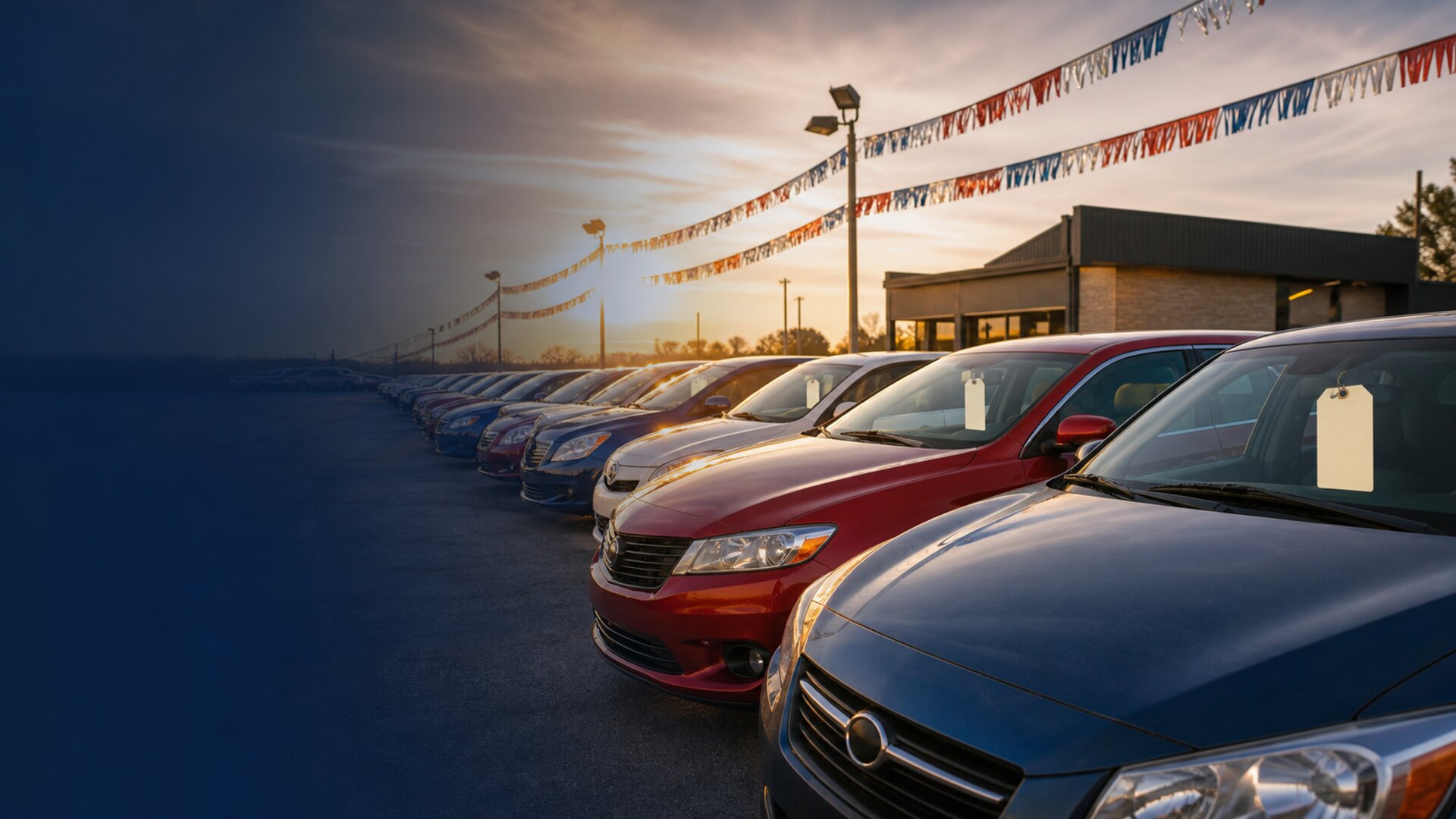 Row of cars on a Texas used-car dealership lot under a clear sky.