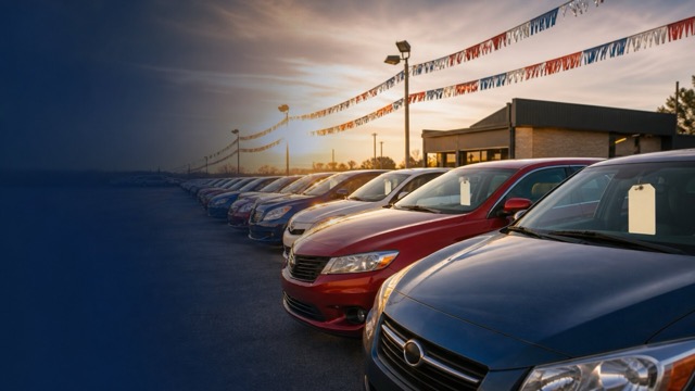 Row of cars on a Texas used-car dealership lot under a clear sky.