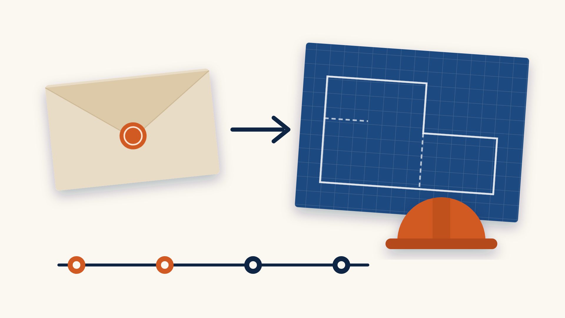 Illustration of a sealed bid envelope, an arrow to a construction blueprint and hard hat, and a project timeline.