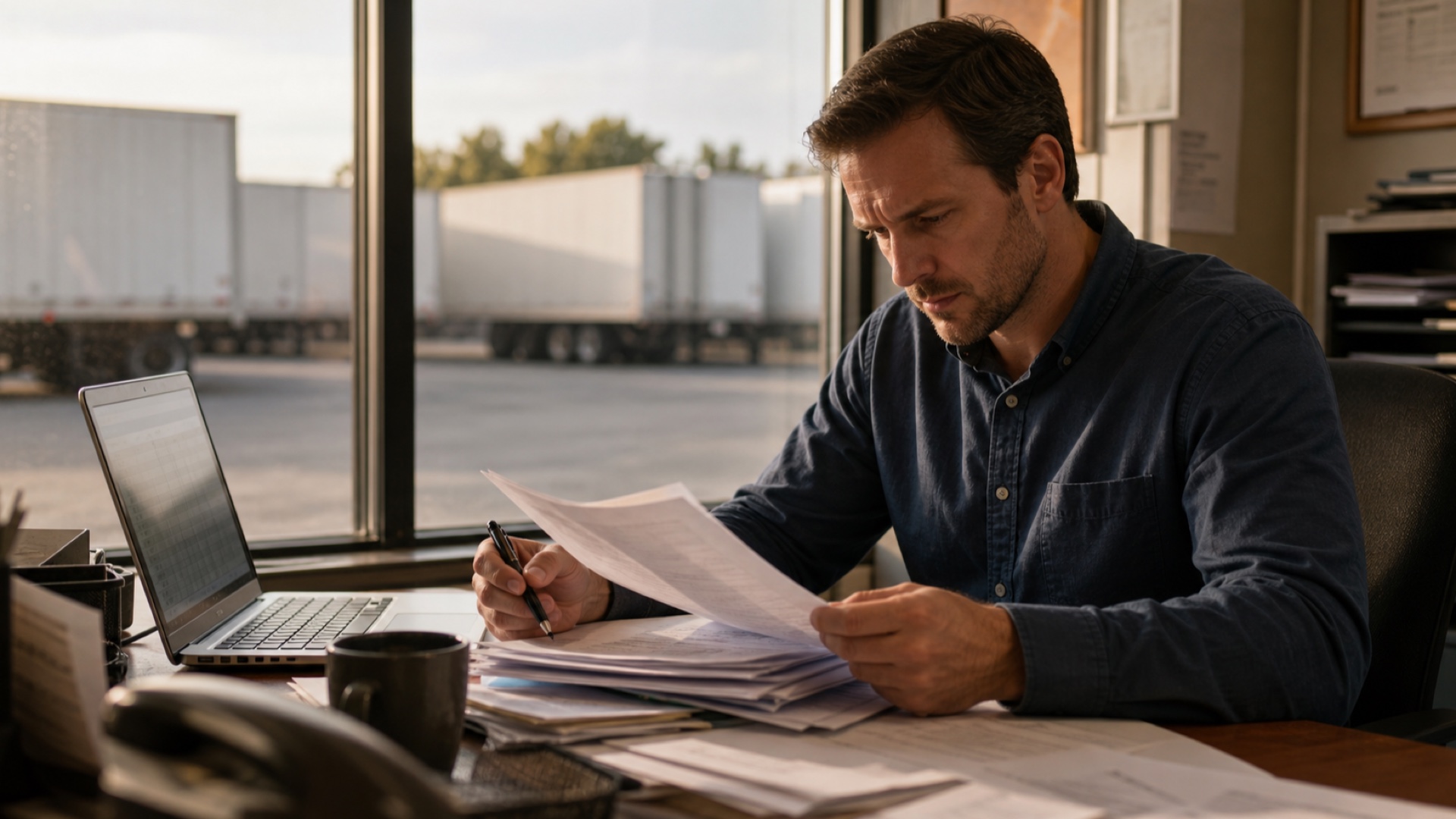 Freight broker reviewing application paperwork at a desk with a truck yard visible through the window.