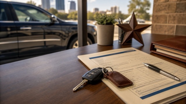 Person holding car keys beside a parked vehicle, ready to title it in Texas.