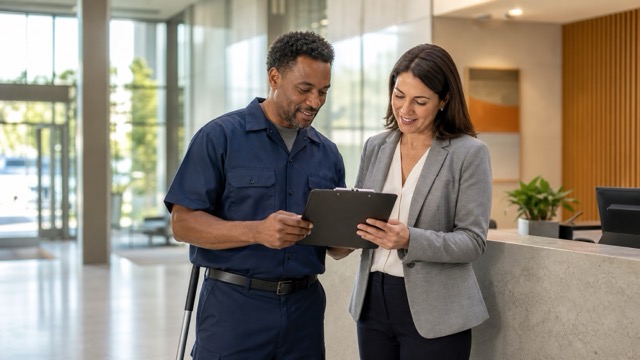 Cleaning professional and office manager reviewing paperwork in a commercial building.