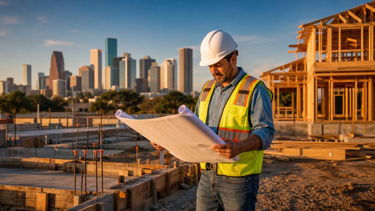 Contractor in a hard hat reviewing plans at a Houston construction site.