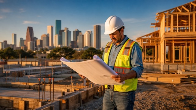 Contractor in a hard hat reviewing plans at a Houston construction site.