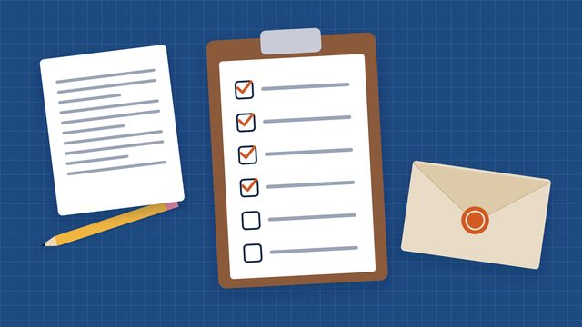 Illustration of a clipboard checklist, a sealed bid envelope, and a pencil on a blueprint grid.