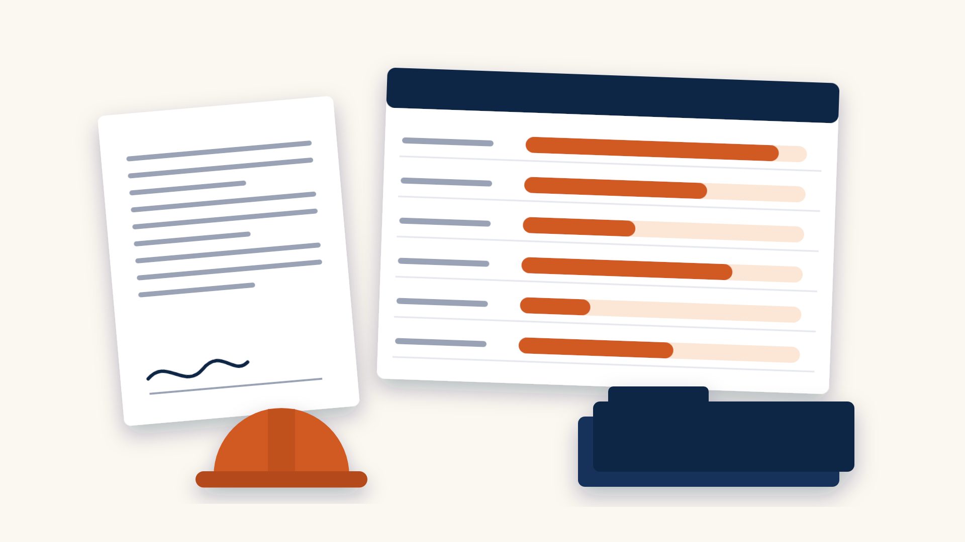 Illustration of a signed contract, a work-in-progress schedule, and a hard hat on a desk.