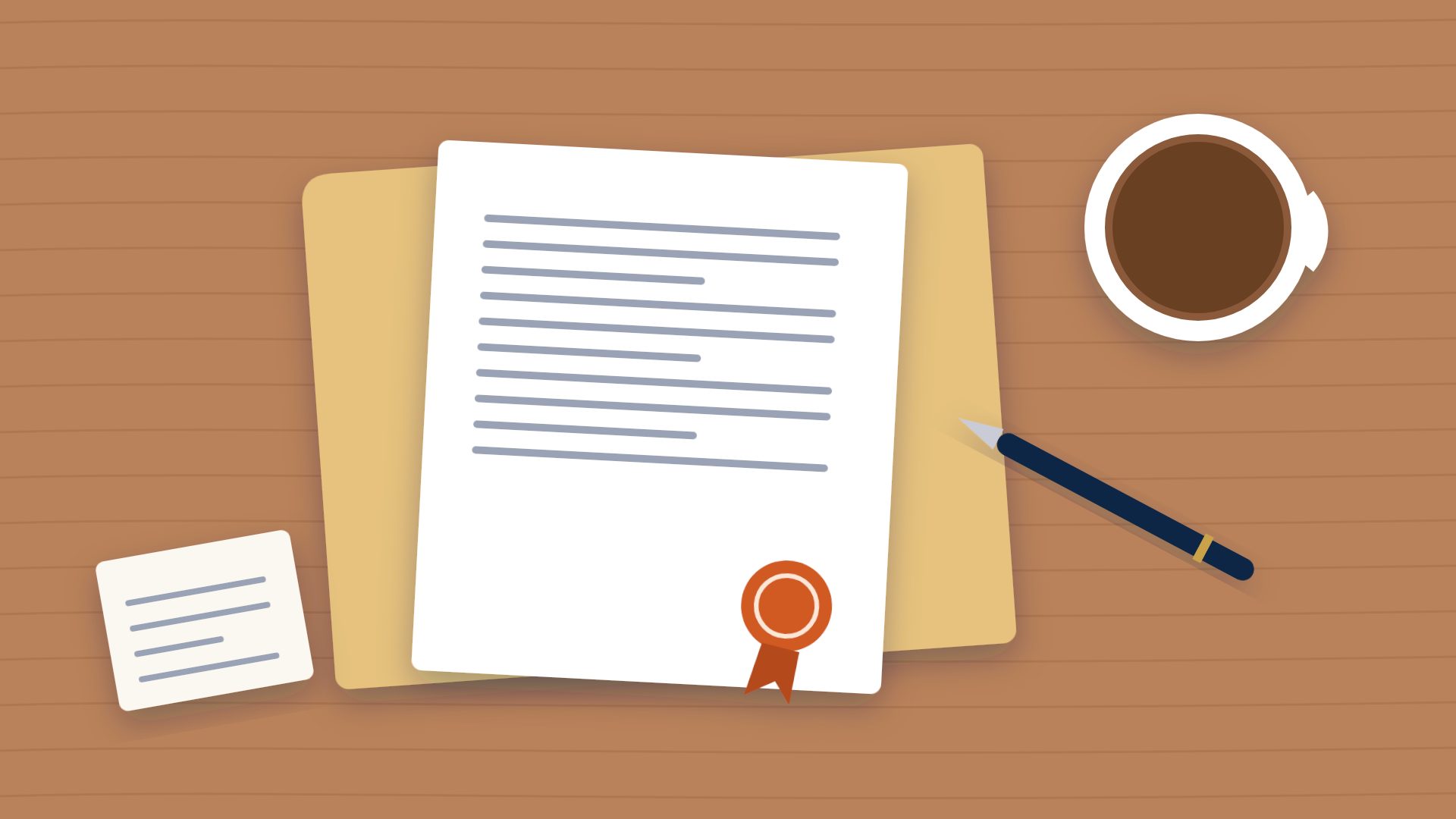 Illustration of a court document with a seal on a folder, a pen, and a cup of coffee on a wooden table.