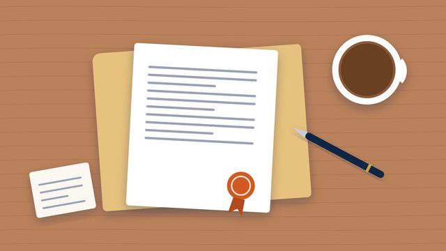 Illustration of a court document with a seal on a folder, a pen, and a cup of coffee on a wooden table.