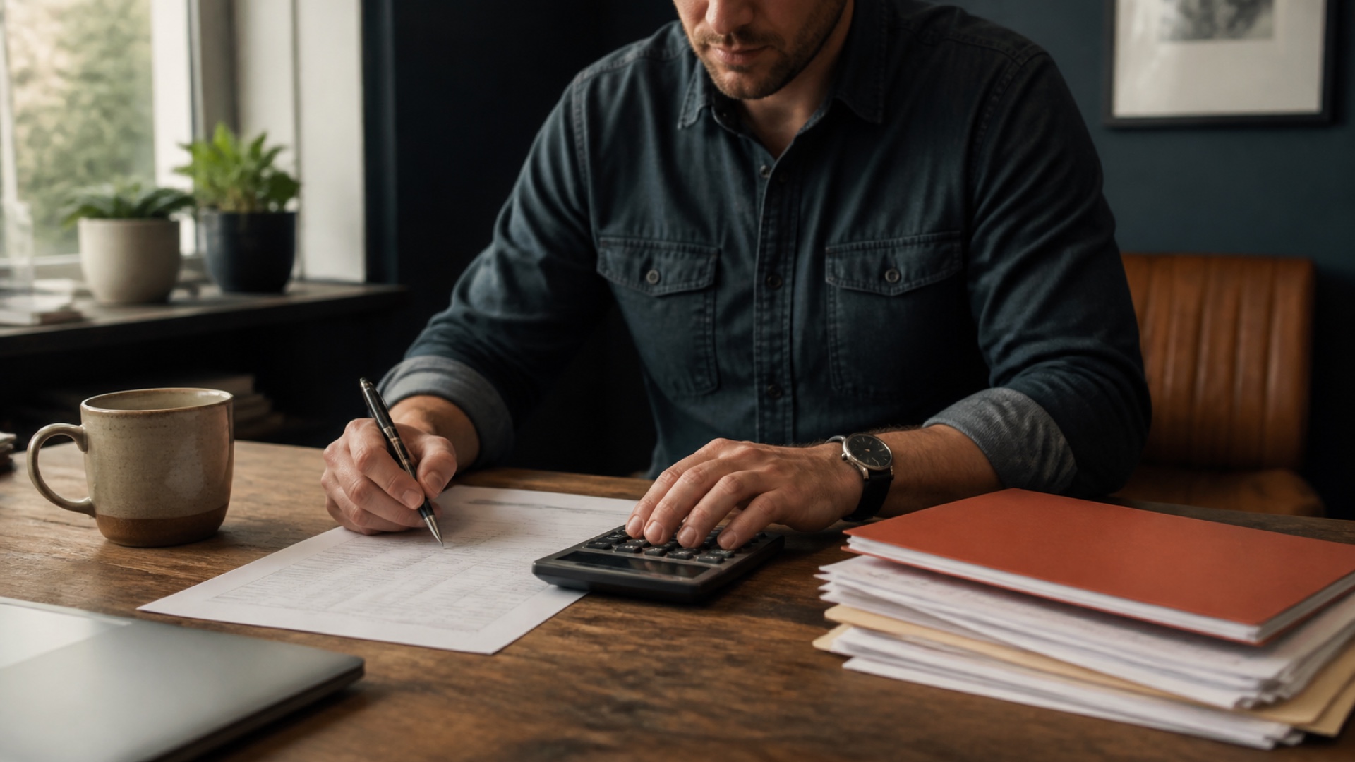 Small-business owner reviewing a bond premium quote with a calculator and licensing paperwork at a desk.