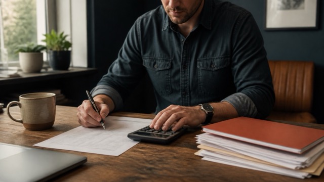 Small-business owner reviewing a bond premium quote with a calculator and licensing paperwork at a desk.