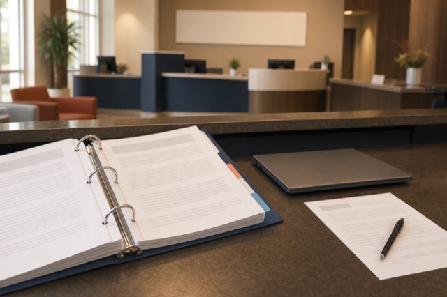 Credit union branch teller counter with a compliance binder open on the desk.