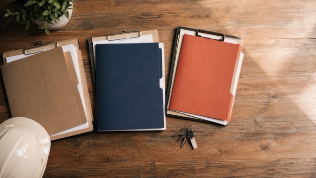Kraft, navy and rust folders on clipboards laid out on a desk beside a hard hat and keys.