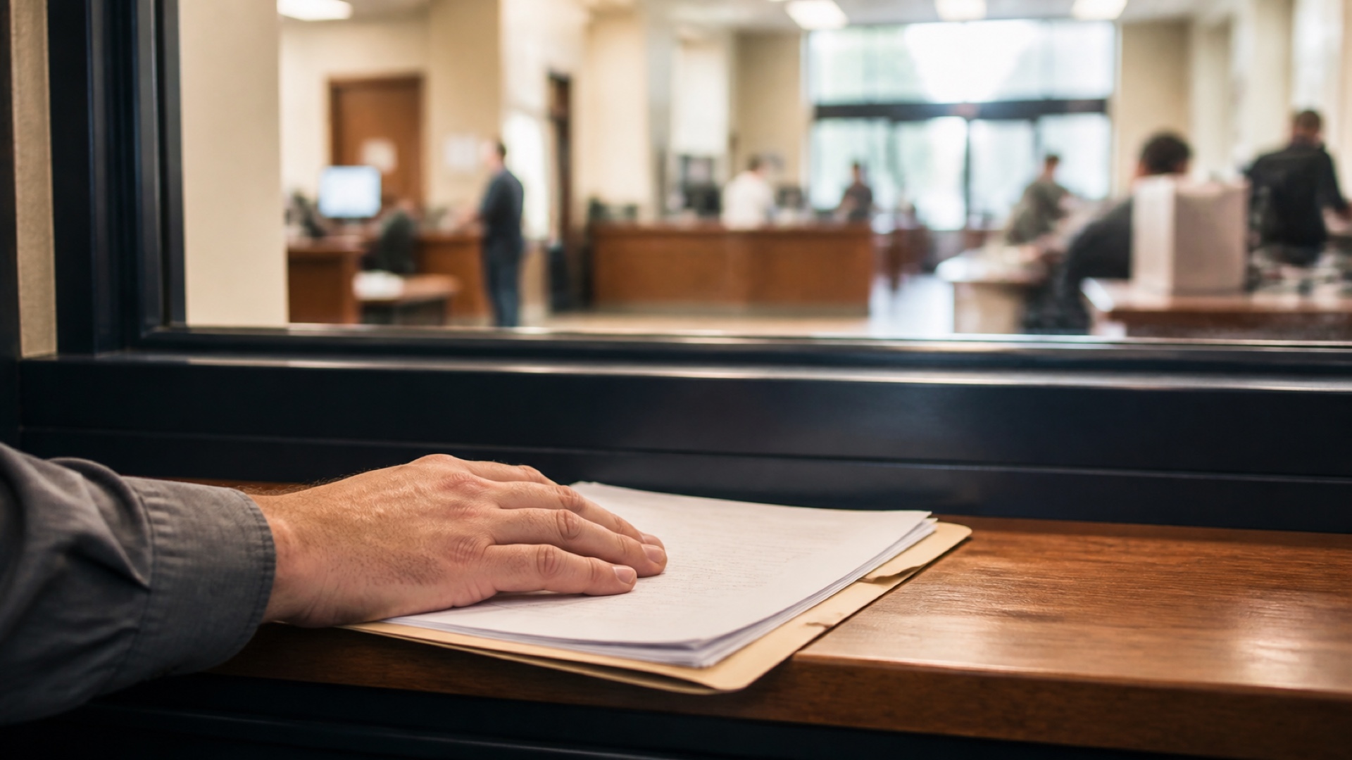 Bond paperwork and a folder resting on a government licensing counter.
